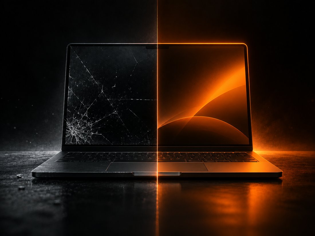 Before and after a screen repair, cracked versus restored