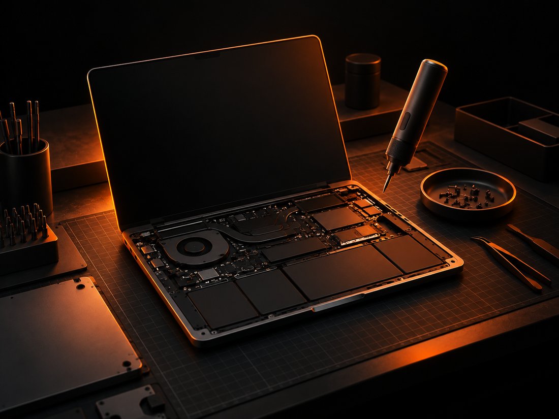 A laptop open for chip-level repair on the bench